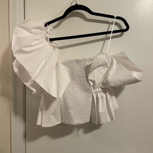 Rare! Zara Blogger White Cotton Poplin Ruffle One Shoulder Bustier Top S - Picture 7 of 11